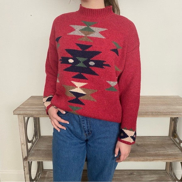 Vintage Fringe Southwestern Aztec Lambs Wool Oversized Sweater - Picture 2 of 12